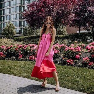 Tabitha Brown Target Dress Linen Pink Colorblock Tie Front Midi NWT